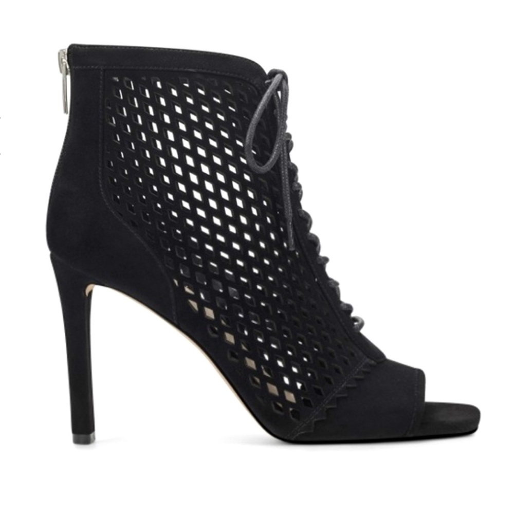 Vince Camuto Heel Sandals Women 5.5 Lalinda Shoes Black Suede Strap Cage Comfort